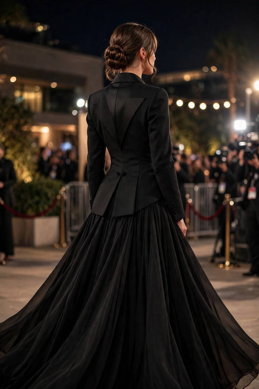 Dramatic tuxedo-gown ensemble at an awards show
