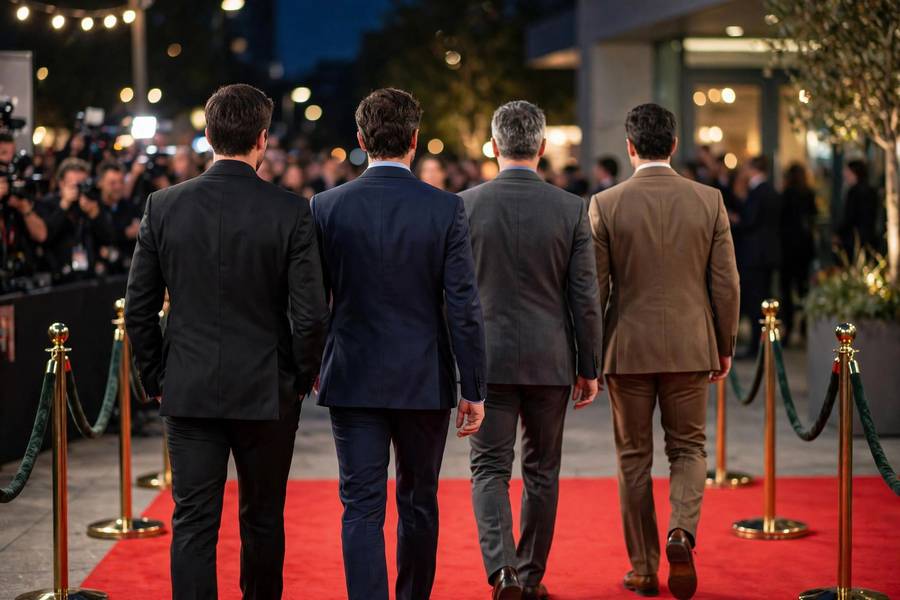 Stylish men in tailored suits arriving at a premiere