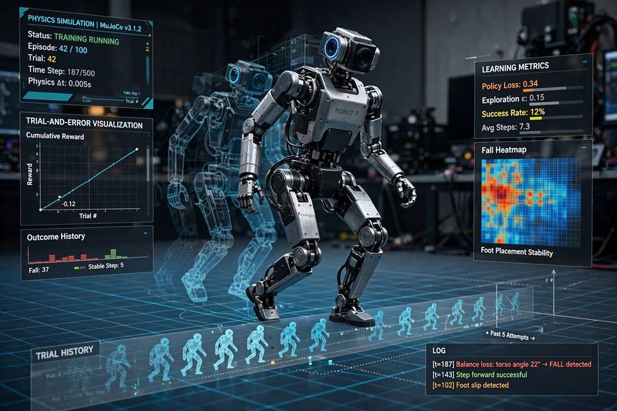 A robot learning to walk in a physics simulation showing trial-and-error learning