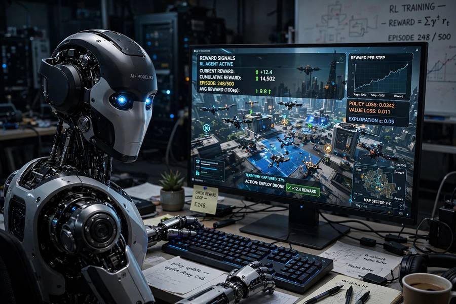 An AI agent playing a video game with reward signals visualized