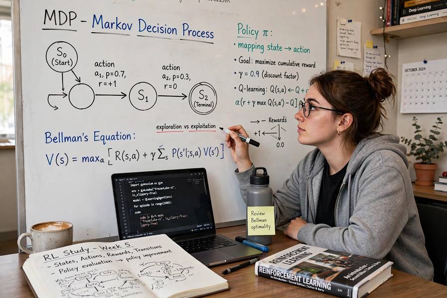 A student studying reinforcement learning with MDP diagrams on a whiteboard