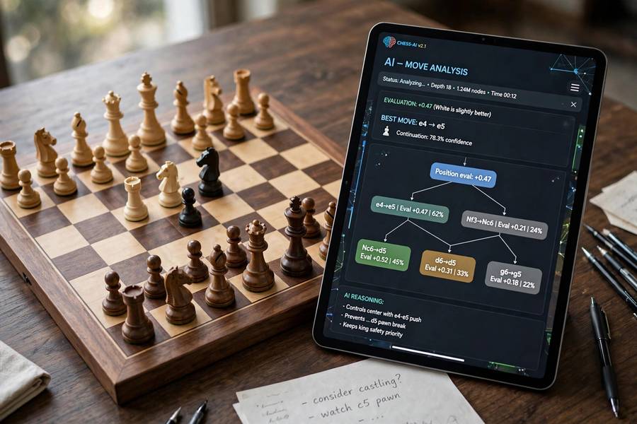 A chess board with AI analyzing moves showing a decision tree visualization
