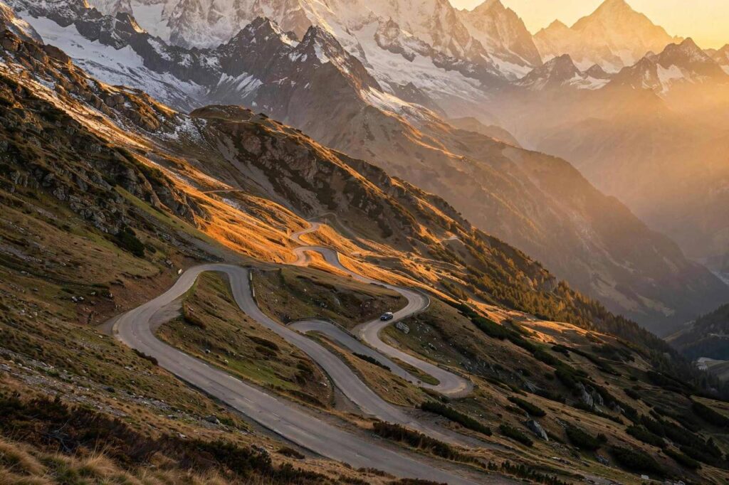 Winding mountain road through the Alps with dramatic peaks in the background