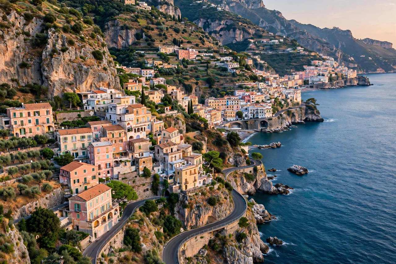 Colorful cliffside villages along the Amalfi Coast road in Italy