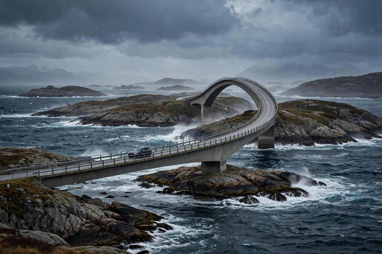 Car driving across a scenic bridge on Norway's Atlantic Road