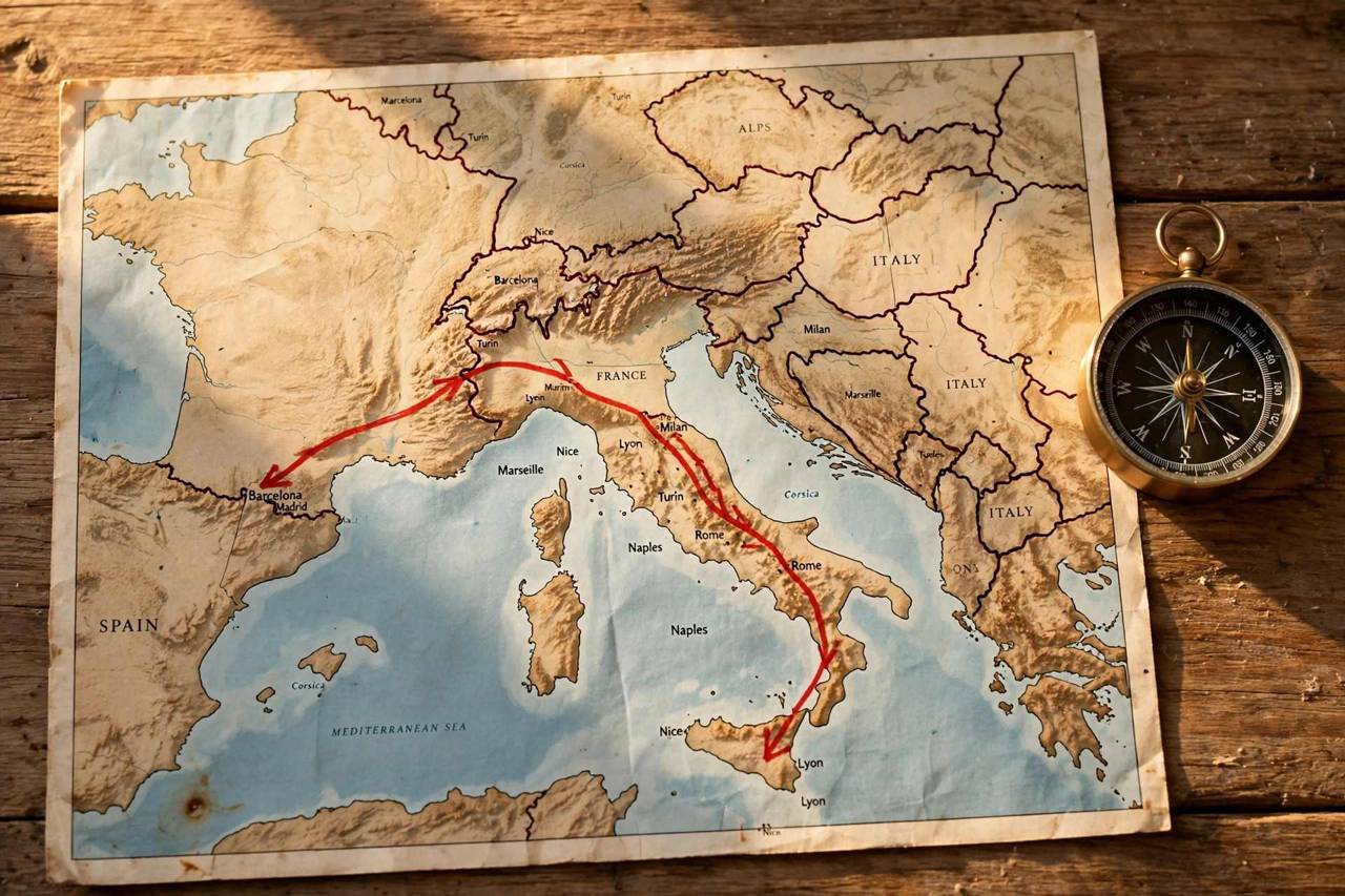 Map with a highlighted road trip route across southern Europe