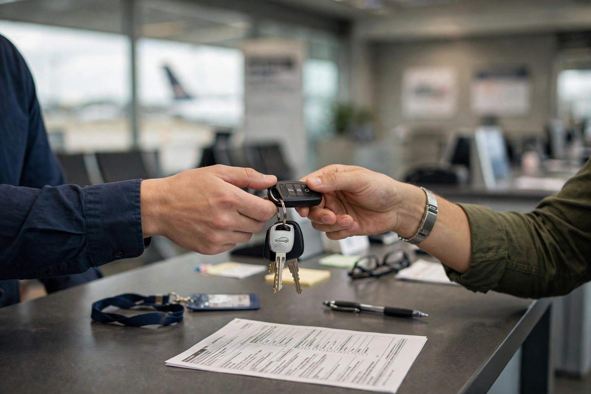 Rental car keys handover at a European airport car rental desk