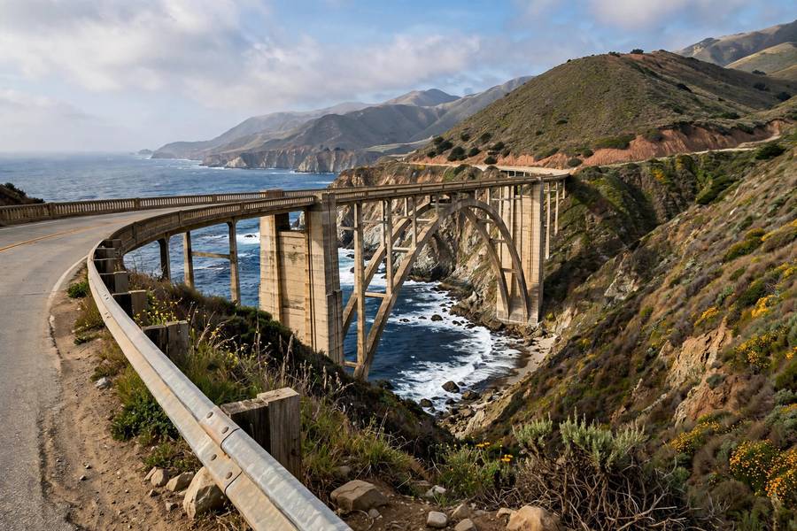 Pacific Coast Highway with Bixby Bridge and ocean cliffs
