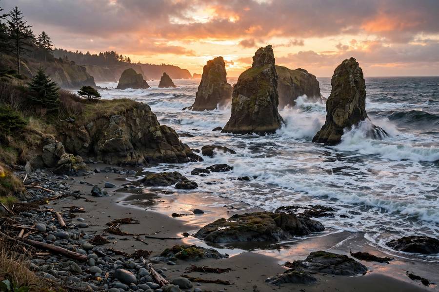 Oregon coast sea stacks at sunset with waves