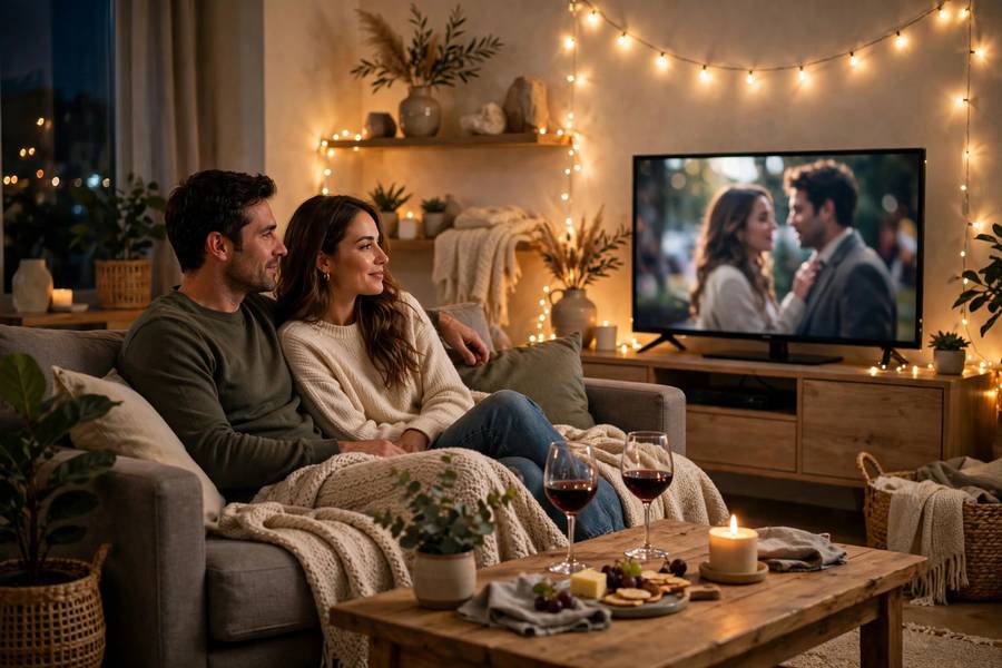 A cozy living room with fairy lights where a couple watches a rom-com together