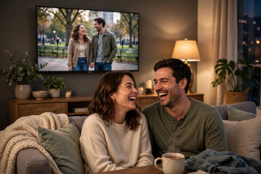 Two people laughing on a couch with a romantic comedy playing on TV