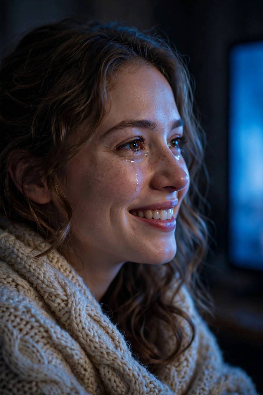 A woman smiling with happy tears watching a romantic movie ending