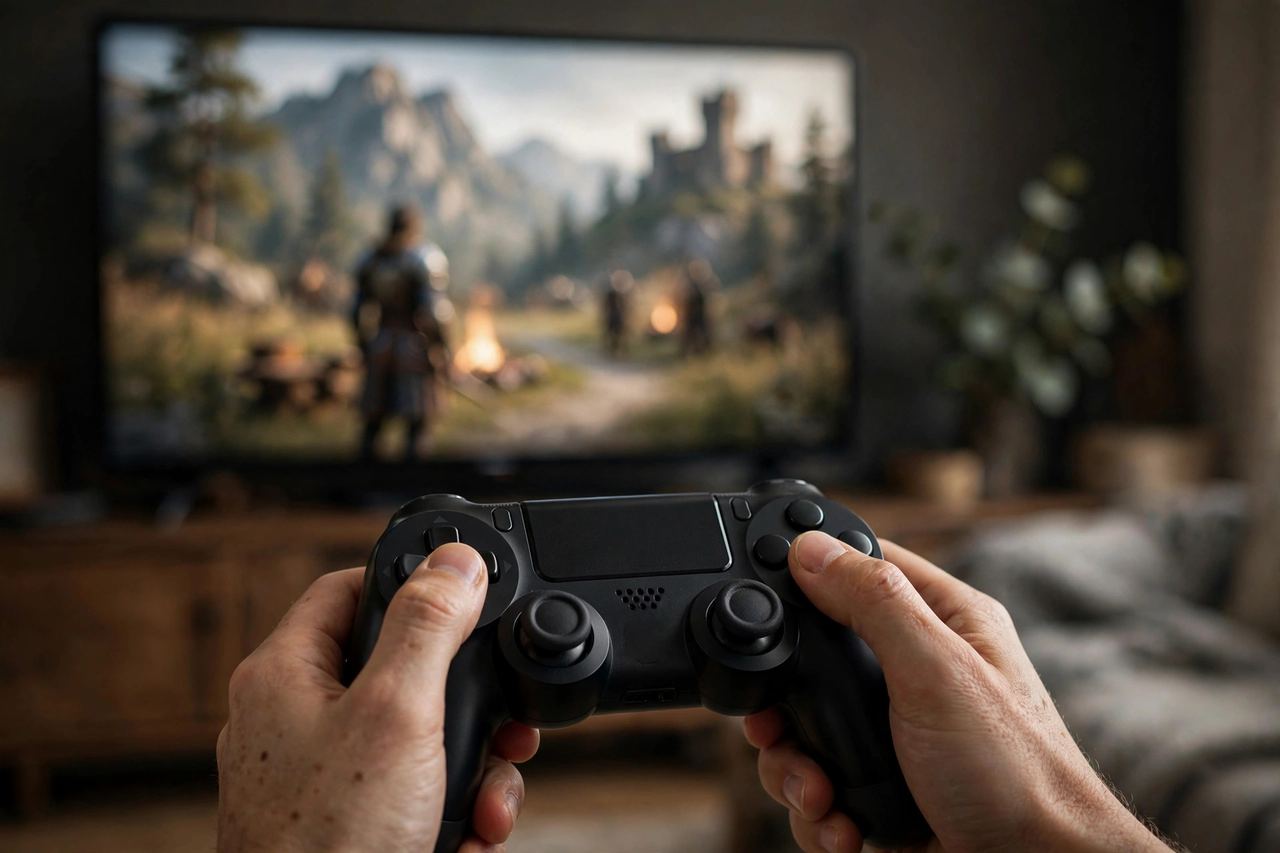 A close-up of hands holding a game controller, with a paused role-playing game on the TV behind
