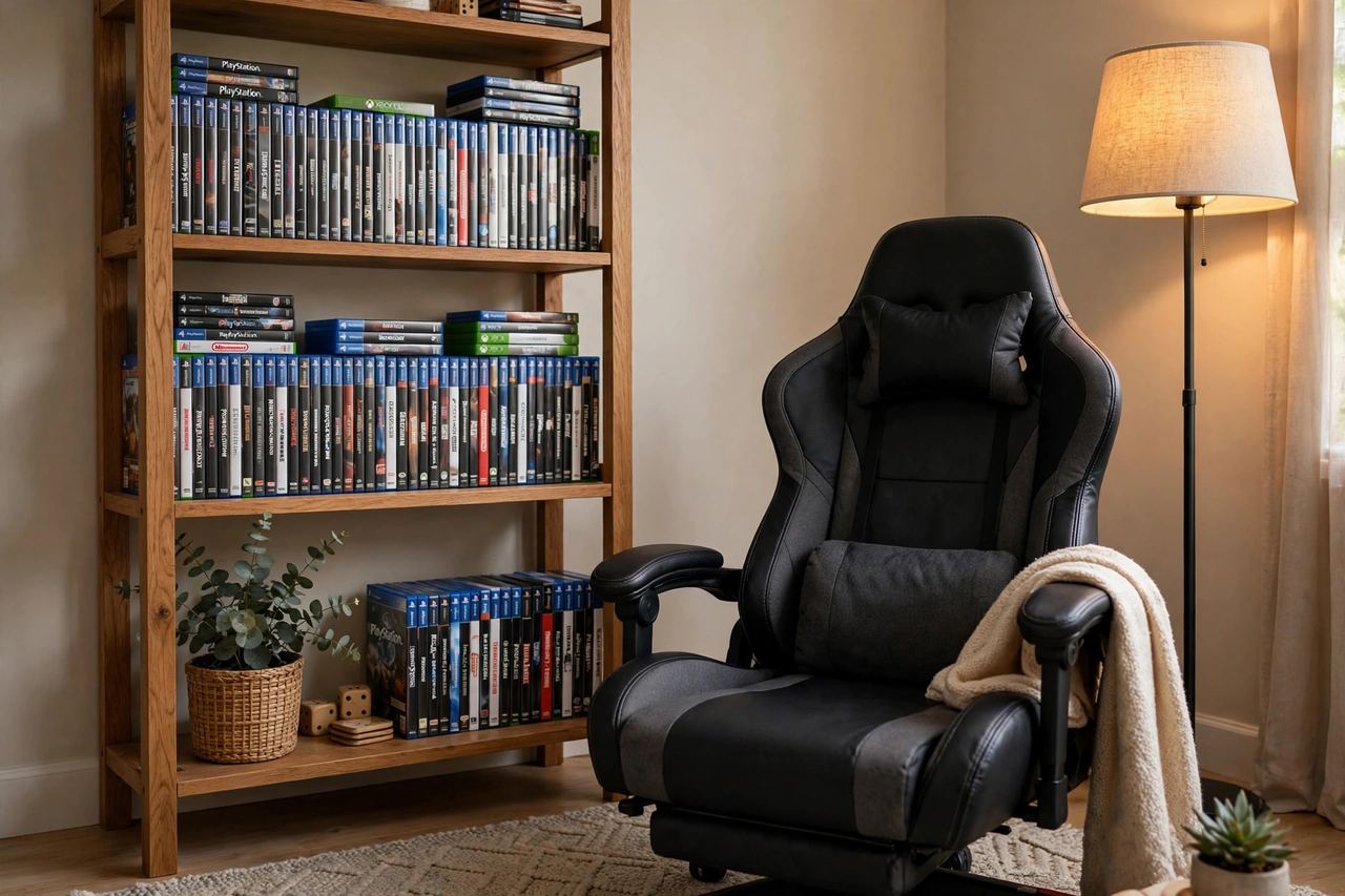 A bookshelf with game cases beside a comfortable gaming chair and a floor lamp — a welcoming gaming corner