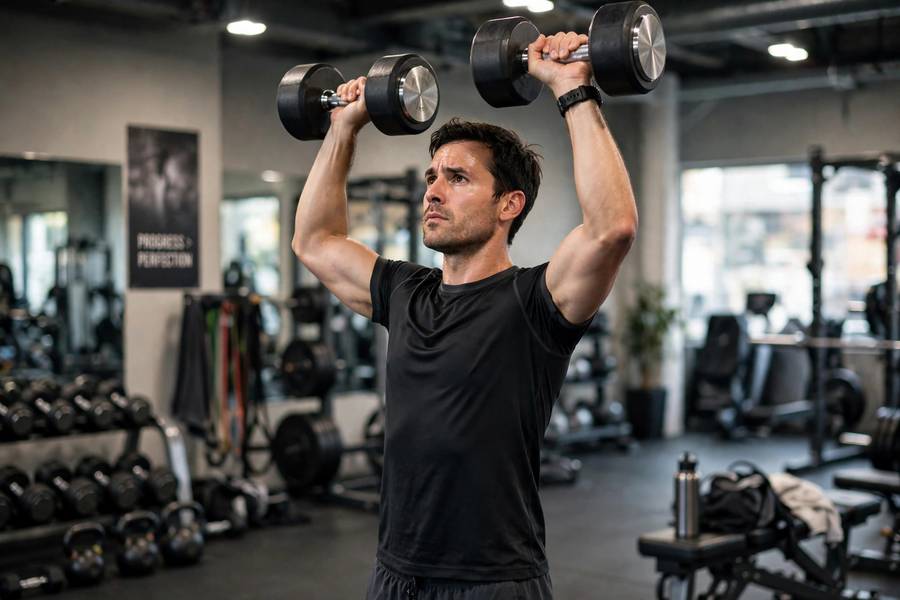 Man performing a standing dumbbell overhead press as one of the best shoulder exercises