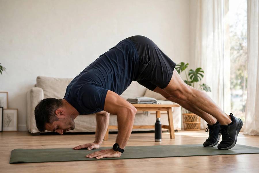 Man doing pike push-up in a living room home workout