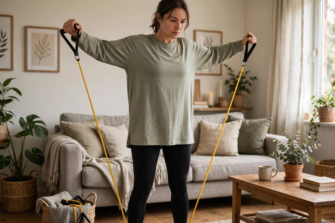 Woman performing resistance band lateral raise at home