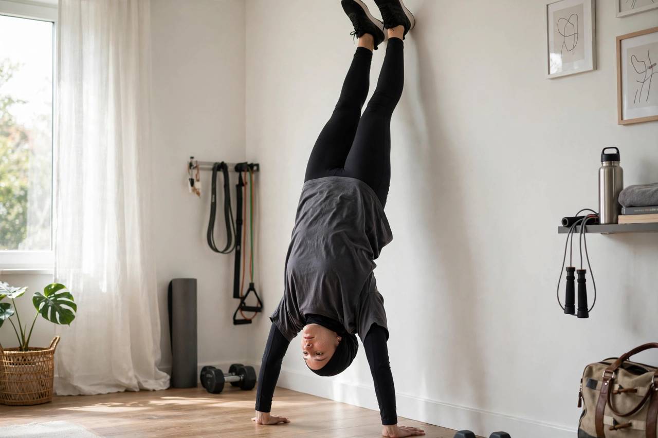 Athlete holding a wall handstand in a home gym