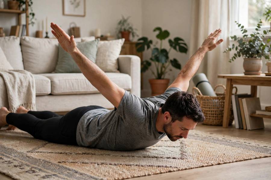 Person doing prone Y-T-W raises on a living room floor