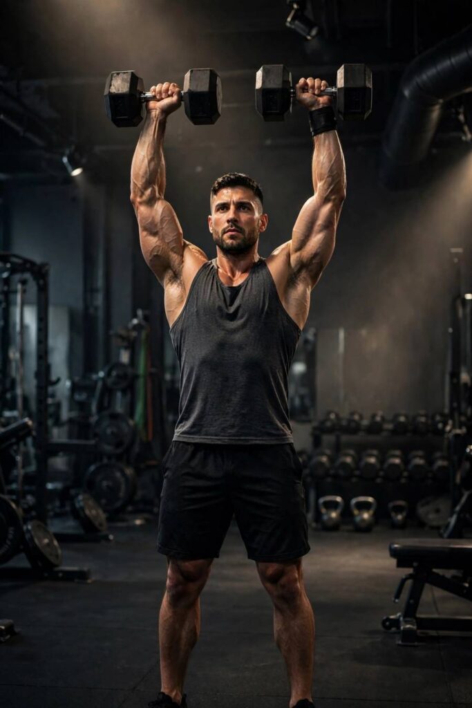 Man performing standing dumbbell overhead press