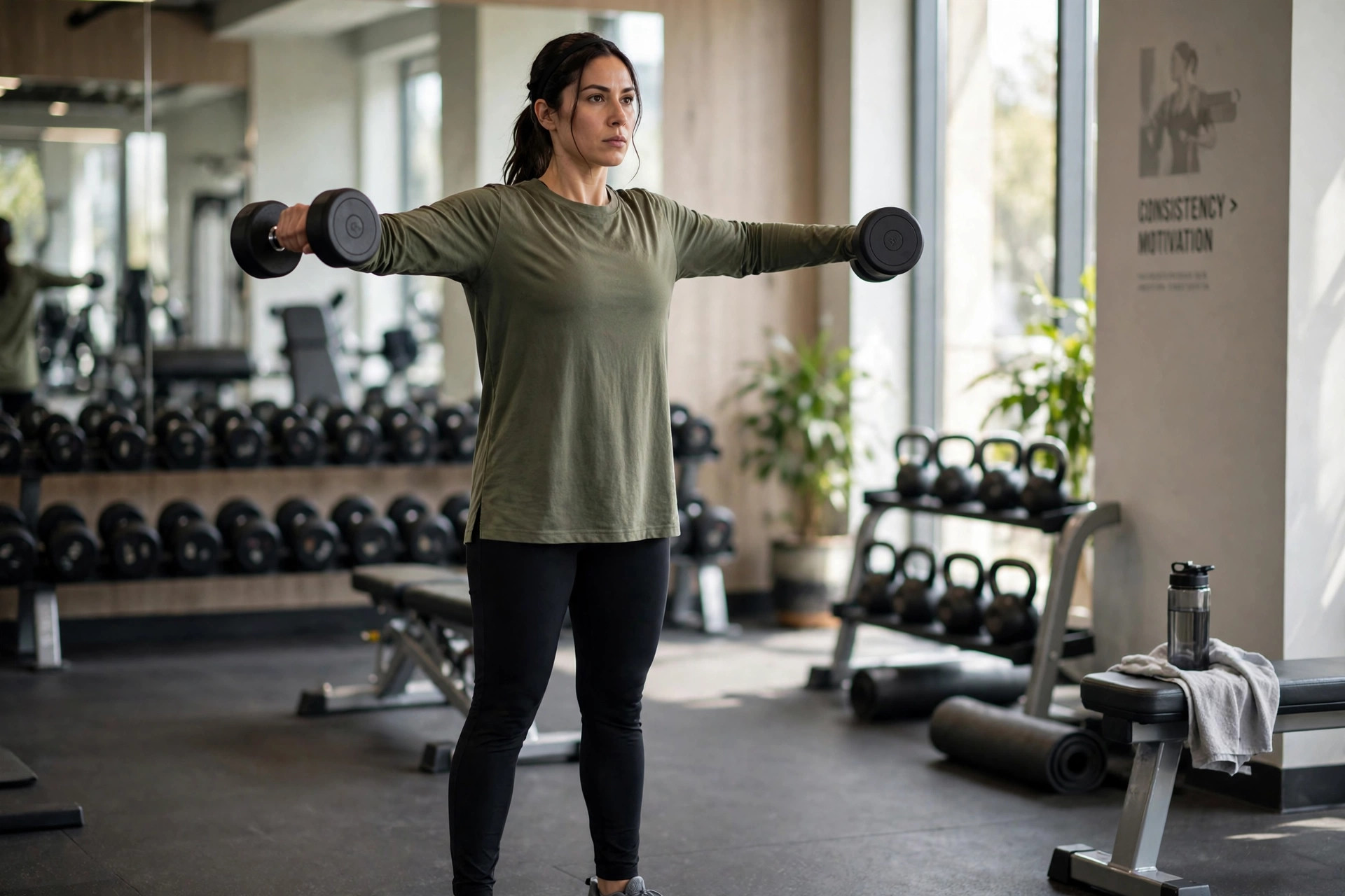 Woman doing dumbbell lateral raise with strict form