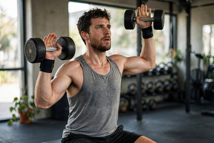 Athlete performing Arnold press with dumbbells