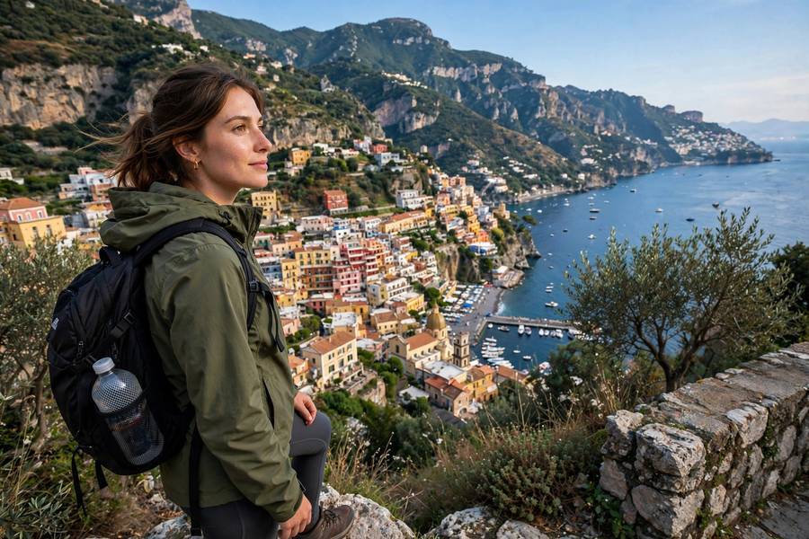 A solo female traveler taking in the Amalfi Coast view — among the best solo female travel destinations in Europe