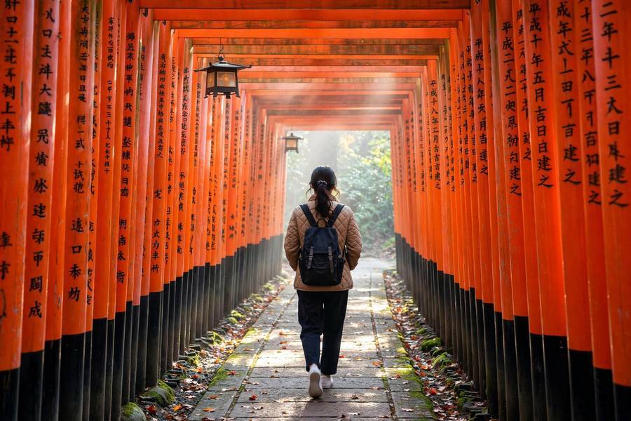 A woman exploring Kyoto's Fushimi Inari alone at dawn — Japan ranks among the best solo female travel destinations