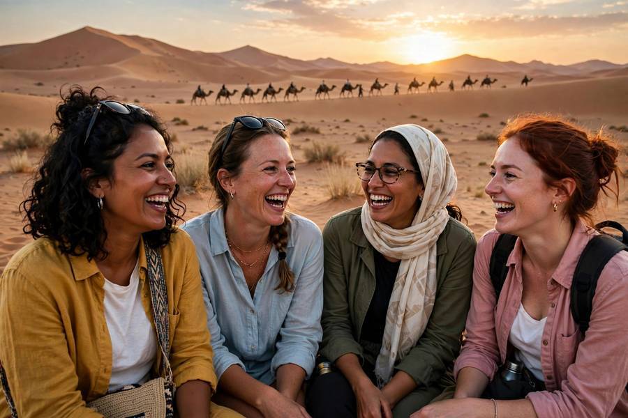 Women travelers on a small-group Sahara tour — group tours are a great option in the best solo female travel destinations