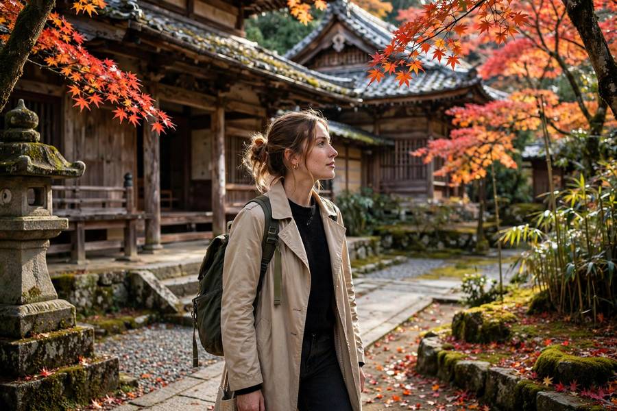 Solo woman traveler at Kyoto temple with maple trees