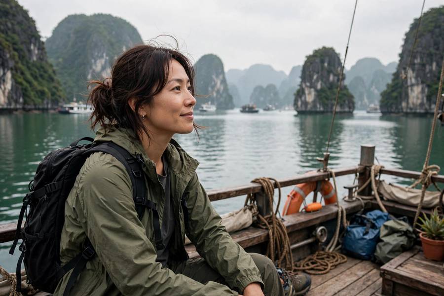 Woman backpacker on Vietnam Ha Long Bay boat deck