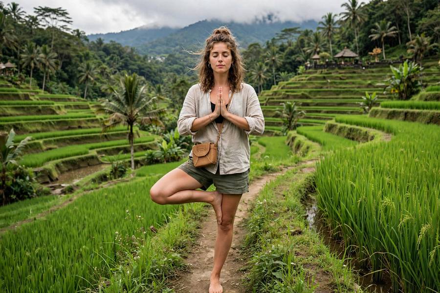 Solo female traveler doing yoga in Bali Ubud rice fields