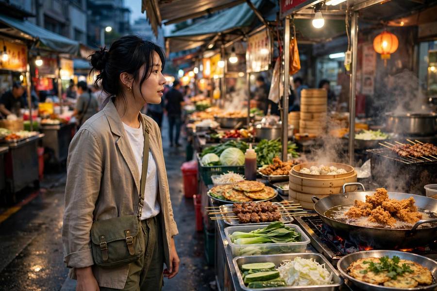 Woman exploring Taipei night market street food stalls