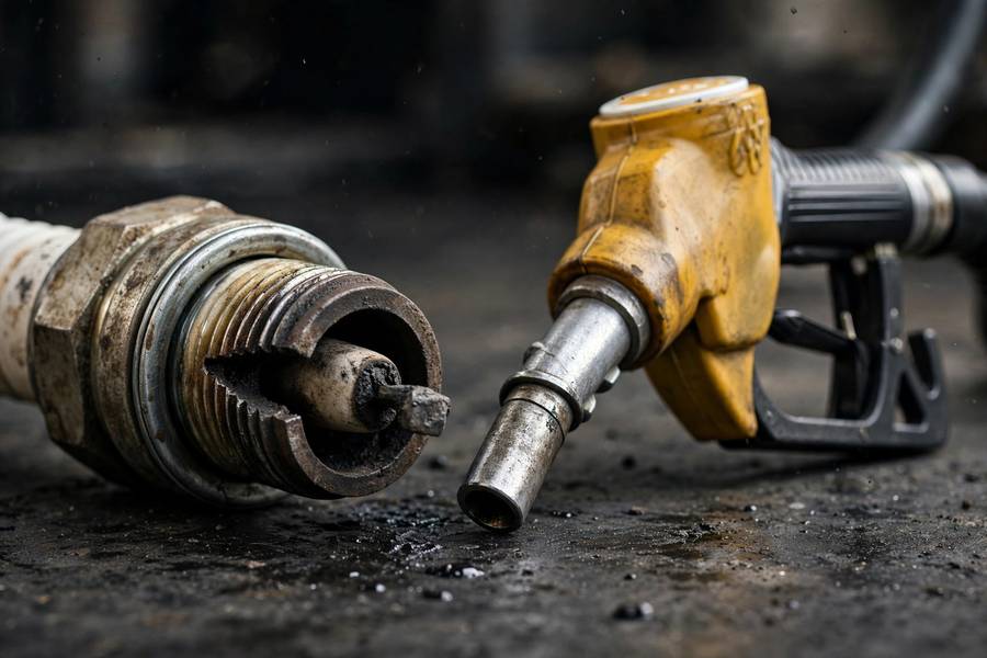 Worn spark plug with wide gap that reduces fuel economy