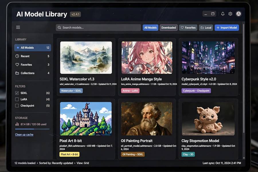 A library of Stable Diffusion checkpoint files showing different art style thumbnails
