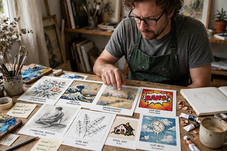 An artist comparing printed style samples when choosing a Stable Diffusion checkpoint