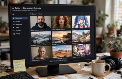 A gallery grid showing outputs from different AI models