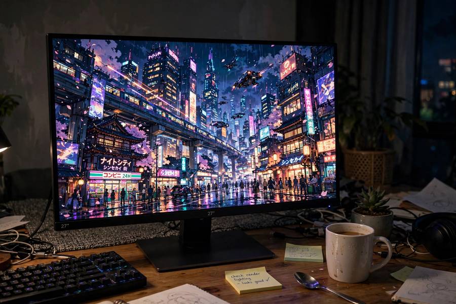 A vibrant anime-style AI illustration on a monitor