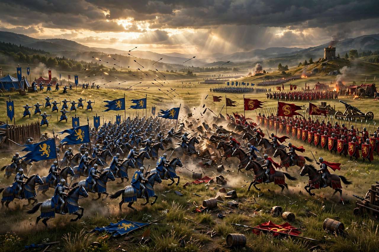Real-time strategy battle with armies clashing on screen