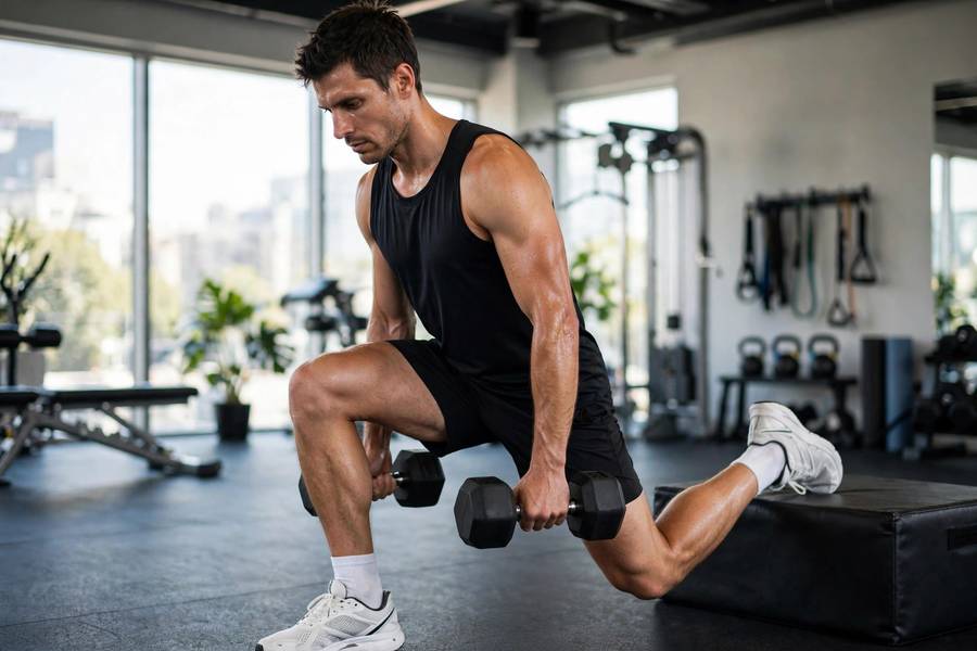 Runner performing Bulgarian split squat with dumbbells in a gym