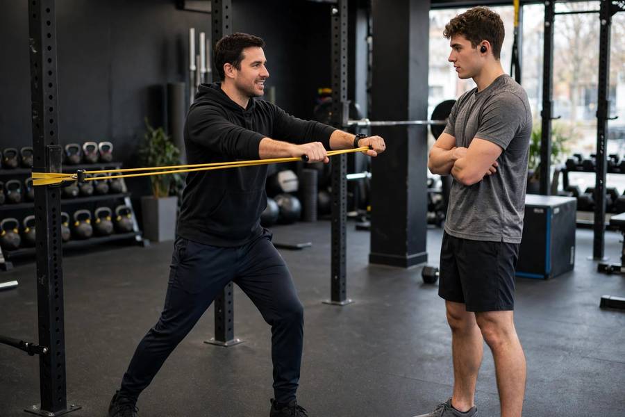 Coach demonstrating Pallof press with resistance band