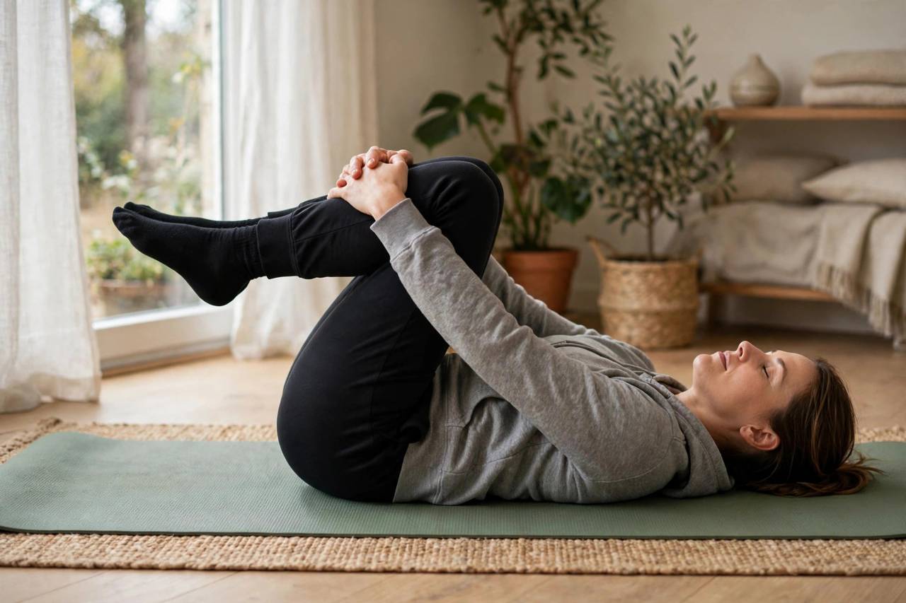 Person doing a knee-to-chest lower back stretch on a yoga mat