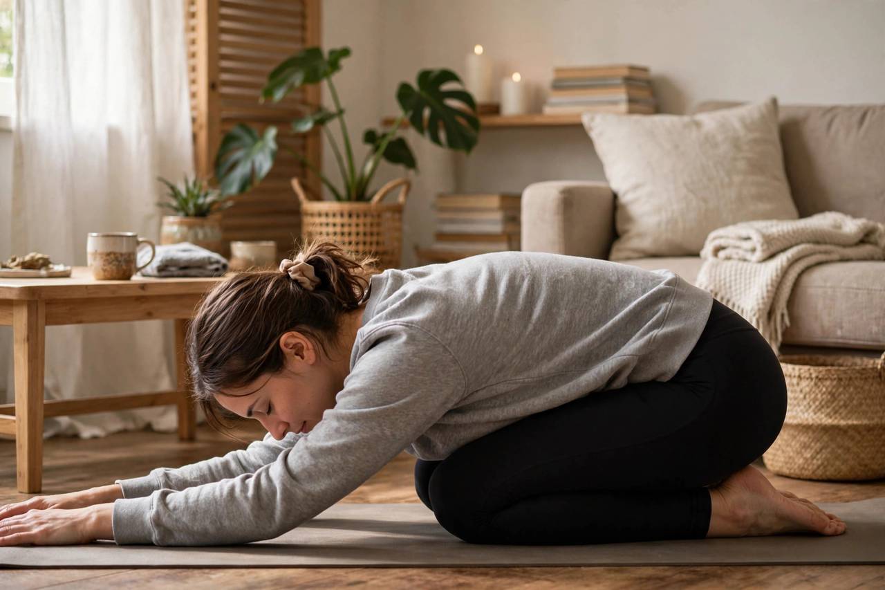 Woman performing childs pose stretch for lower back relief at home