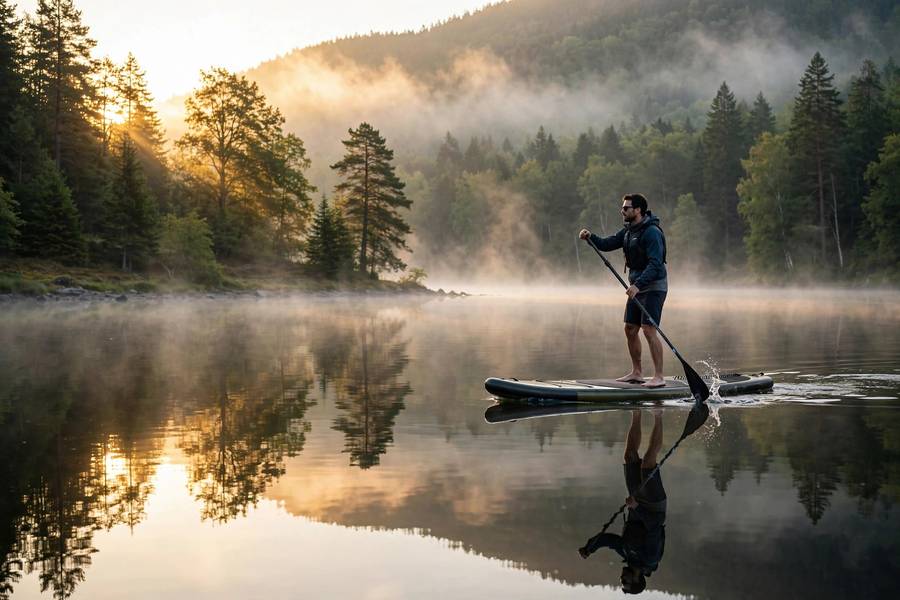Person paddleboarding on a calm lake on a summer morning
