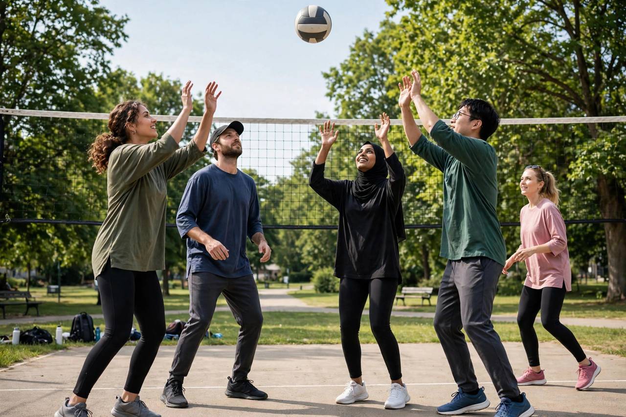 Group of friends playing volleyball outdoors on a summer day