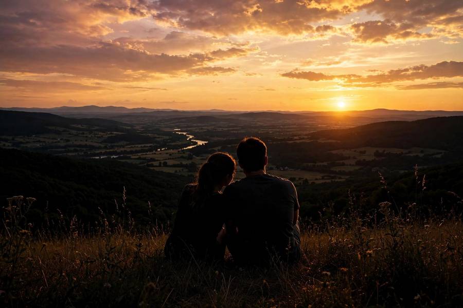 Couple watching sunset from a hilltop on a warm summer evening