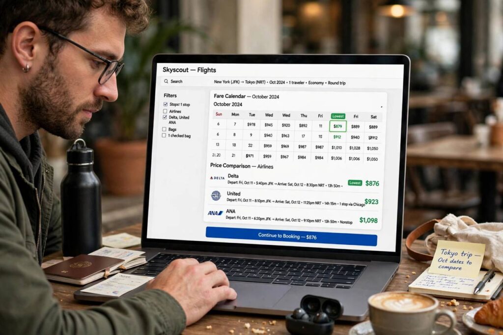 Traveler booking flights online with laptop showing fare calendar and price comparison