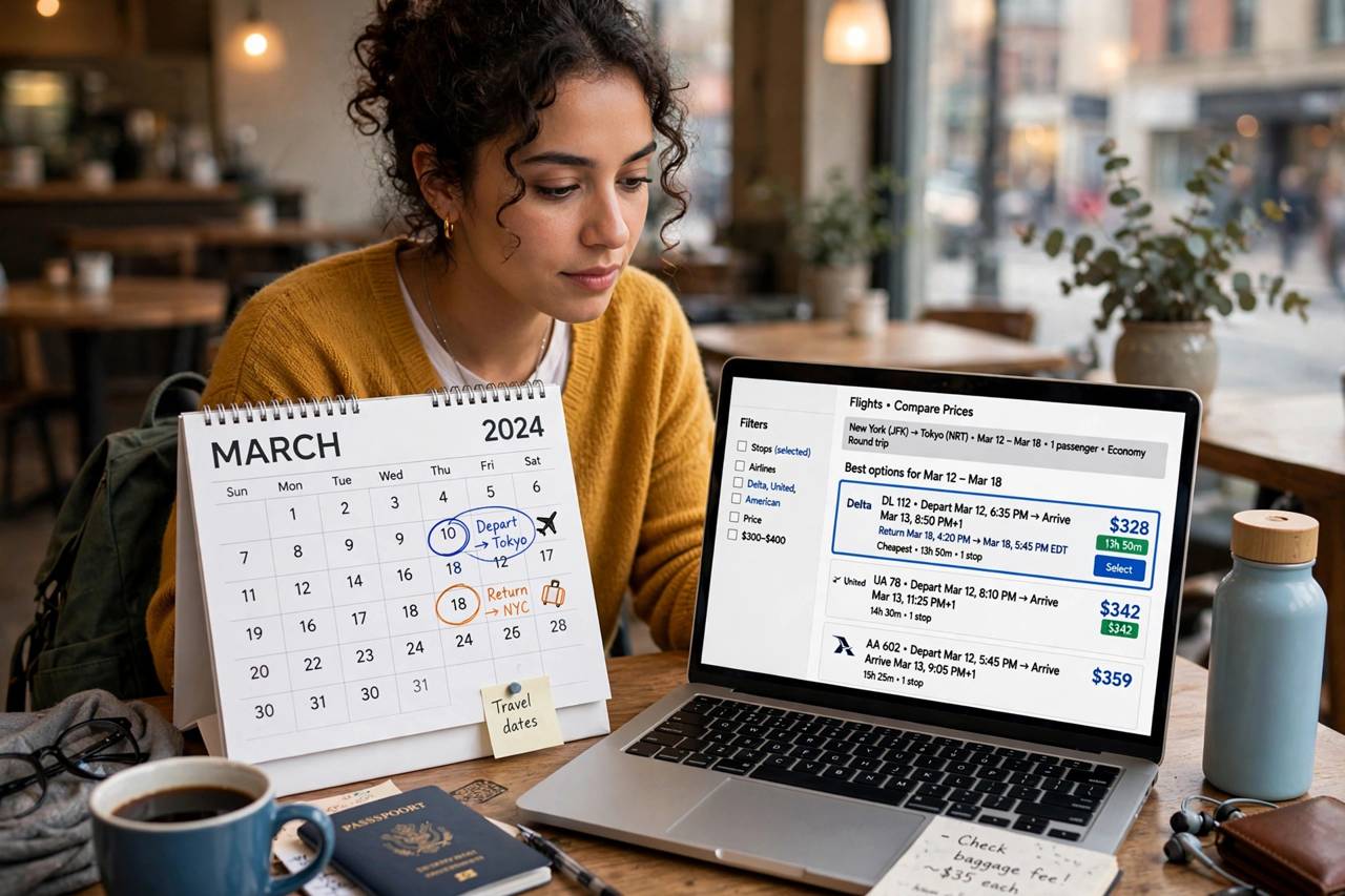 Traveler comparing flight prices on a laptop with a calendar showing travel dates