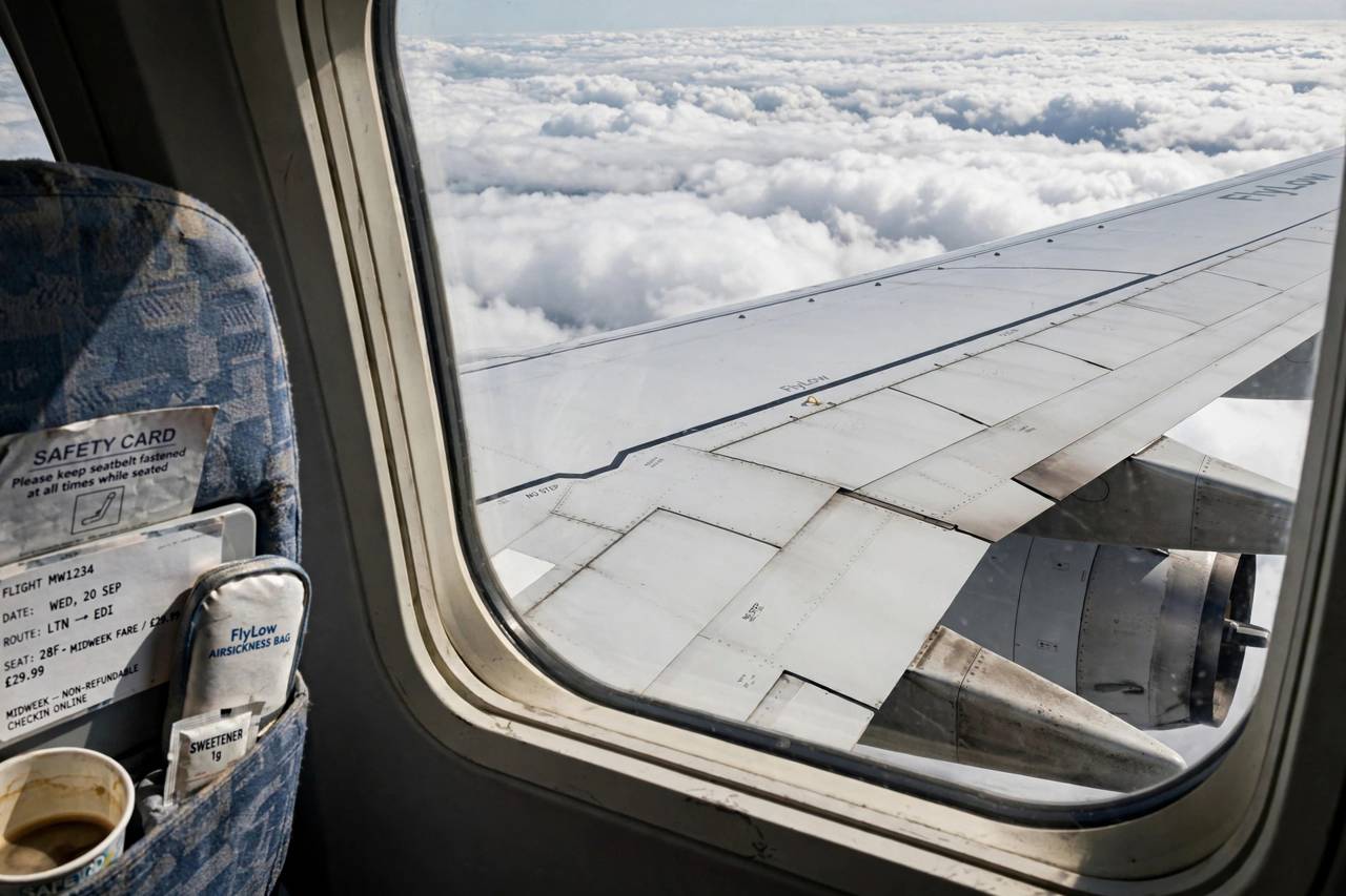 Airplane wing view from window seat above clouds during a cheap midweek flight