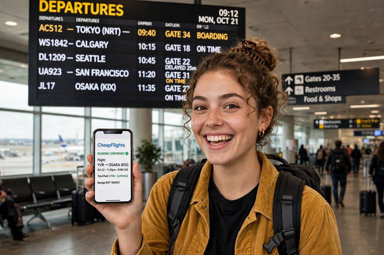 Happy traveler with backpack at airport departure board, having booked cheap flights